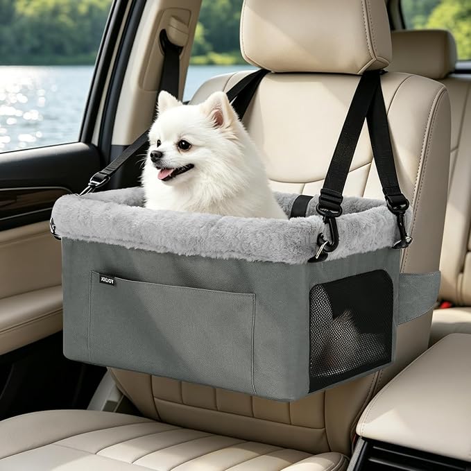 JOEJOY Deluxe Dog Booster Seat with Sturdy Metal Frame and Safety Leash for Small Pets up to 20 lbs - Portable Puppy Dog Car Seat with Thick Cushion and Storage Pockets for Small Dogs, Grey