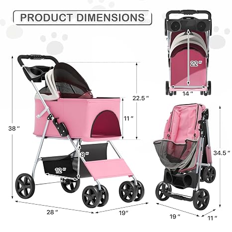 MoNiBloom Foldable Pet Stroller for Small & Medium Dogs, Pink