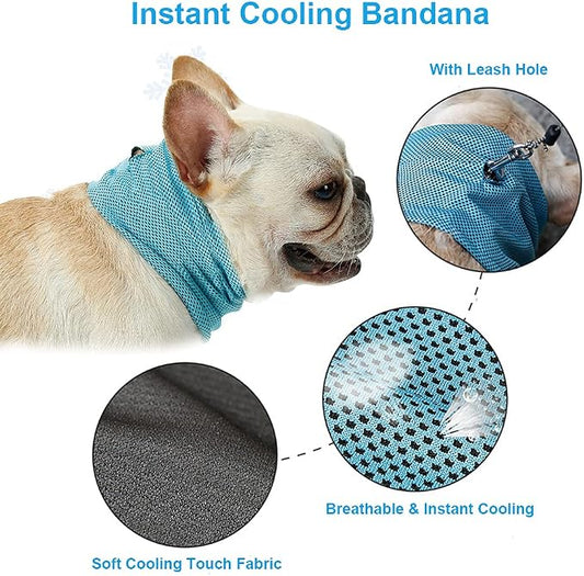 Dog Cooling Bandana Collar, Dog Bandanas Ice Instant Cooling Pet Bandana Scarf Collar Small Medium Dogs, Breathable Ice Towels Bulldog Cats Ice Collar Summer Cooling Towel Neck Wrap Leash Hole Blue