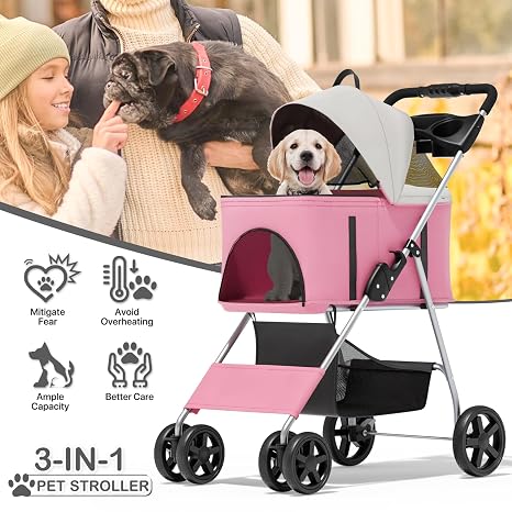 MoNiBloom Foldable Pet Stroller for Small & Medium Dogs, Pink