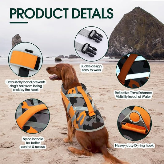 Kuoser Dog Life Jacket with Reflective Stripes, Adjustable High Visibility Dog Life Vest Ripstop Dog Lifesaver Pet Life Preserver with High Flotation Swimsuit for Small Medium and Large Dogs
