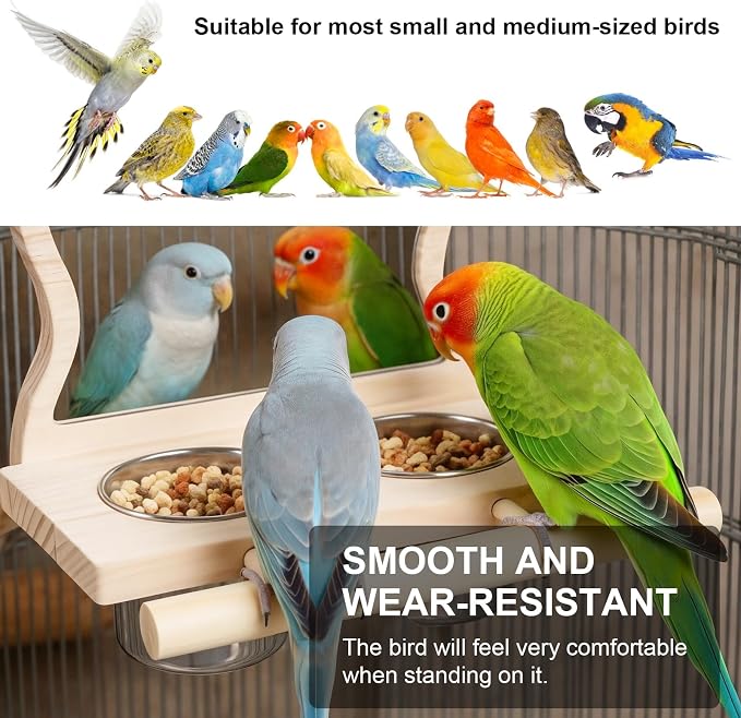 Wooden Bird Perch Toy with Mirror & Stainless Steel Bowl, Cage Accessory
