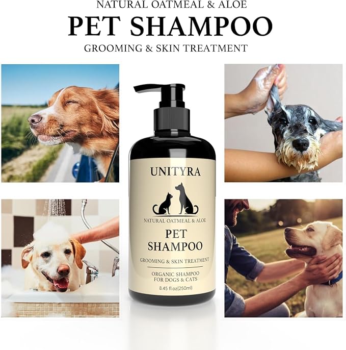 Shampoo for Dogs & Cats Pet Shampoo with Oatmeal, Shea Butter, Coconut & Aloe Anti-Itch Grooming for dog and cat Moisturizing Deodorizing & Hypoallergenic Bath Wash for Dry and Sensitive Skin (250ml)