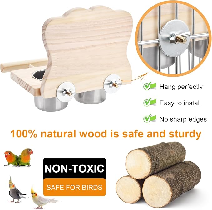 Wooden Bird Perch Toy with Mirror & Stainless Steel Bowl, Cage Accessory