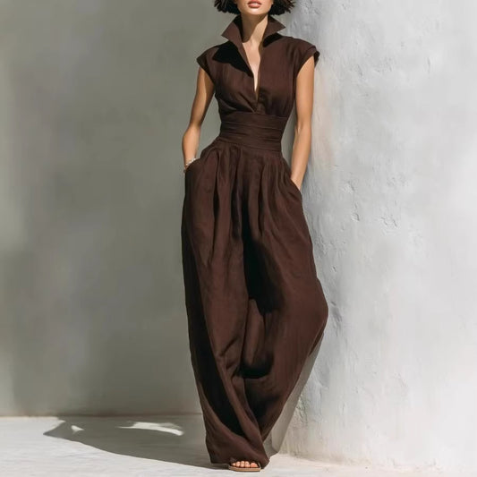Elegant Waist-Cinching Pleated Solid-Color Designer Womens Jumpsuit