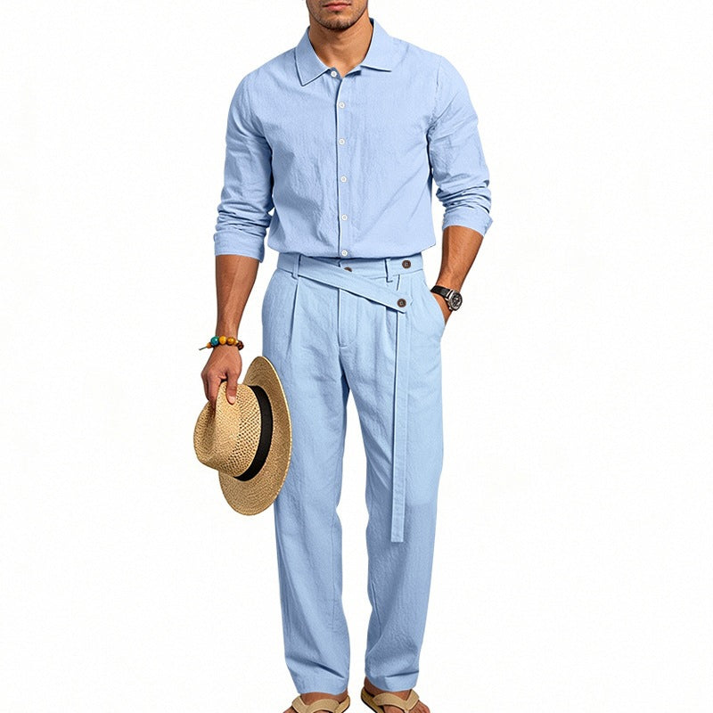 Turn-down Collar Shirt And Long-sleeve Pants Set