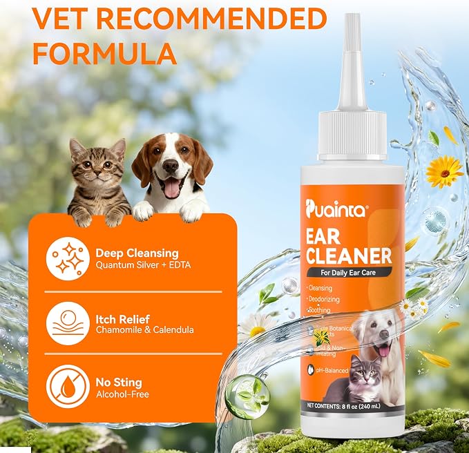 PUAINTA Dog Ear Cleaner Solution - Alcohol-Free Ear Wash with Quantum Silver & Witch Hazel - Soothes Itch, Removes Wax & Odor - Gentle Daily Flush for Dogs & Cats (8 oz)