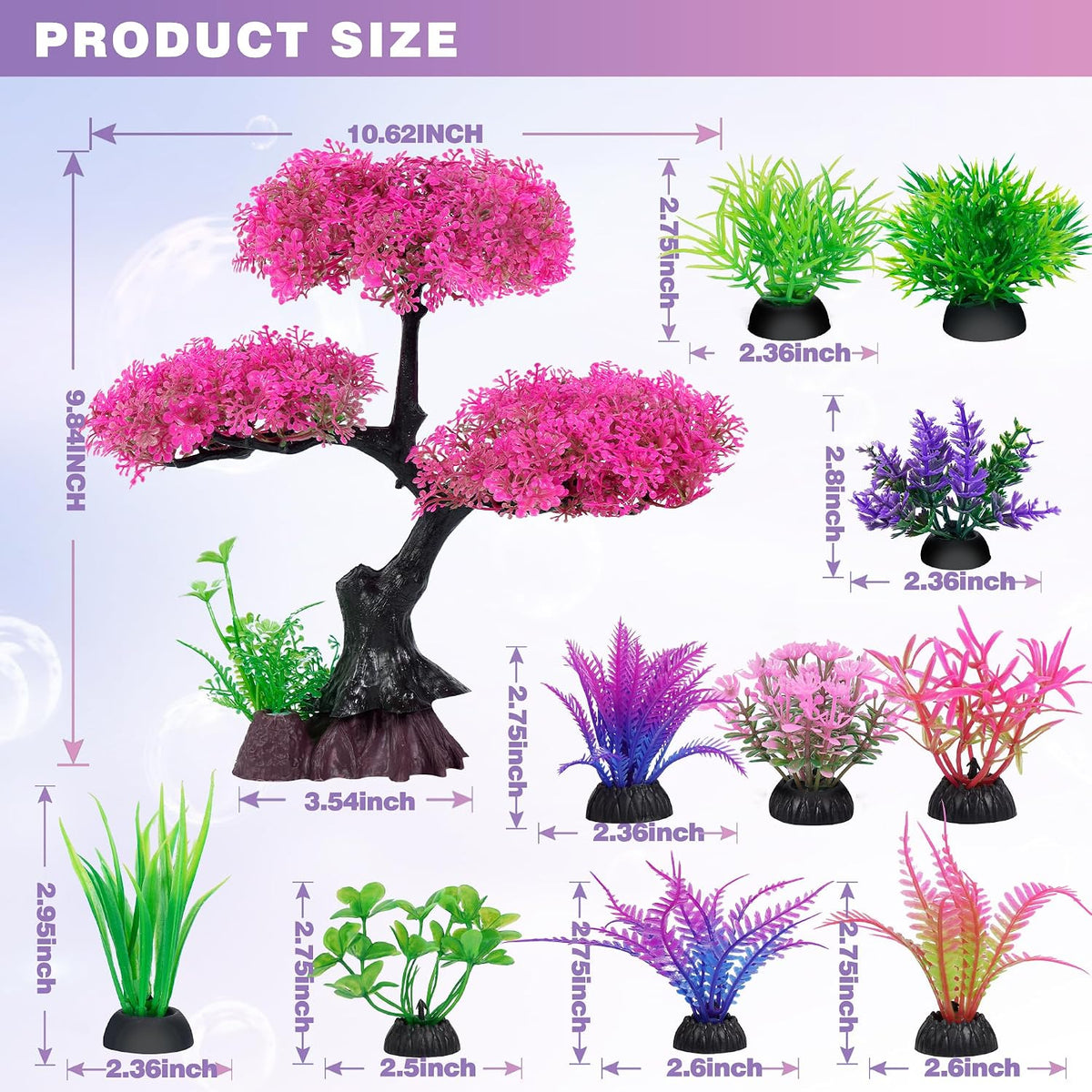 Ameliade Pink Artificial Plastic Tree Aquarium Plants Decor Set, 11PCS