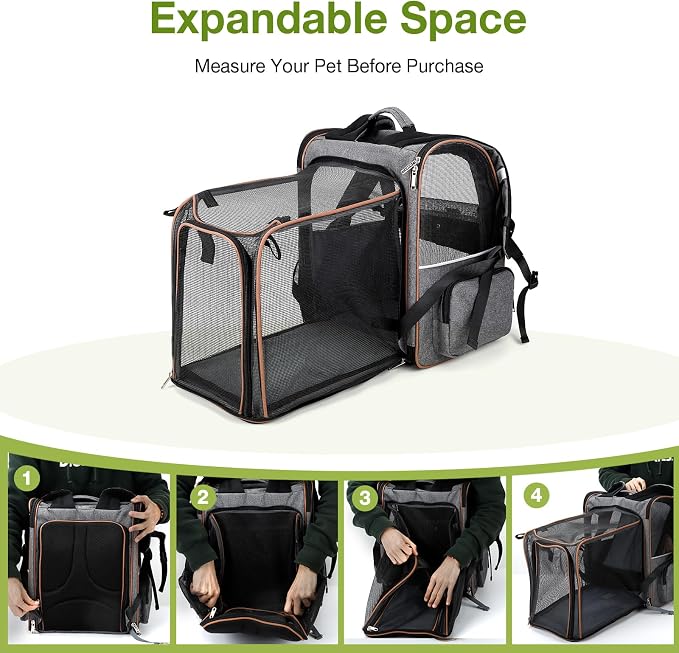 Cat Carrier Backpack, Expandable Pet Carrier with Sun Shade & Full Front Opening, Breathable Mesh Backpack for Small Dogs & Medium Cats Up to 18 Lbs, Foldable for Hiking, Camping (Grey)