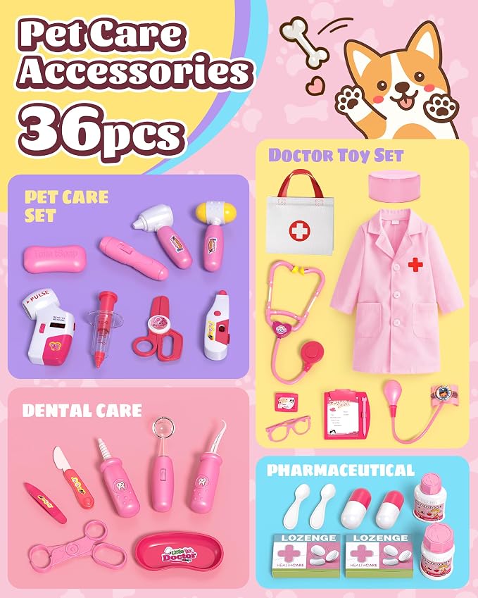 Eohemeral Pet Vet Kit for Kids with 2 Plush Pets (Dog&Cat) &Doctor Costume