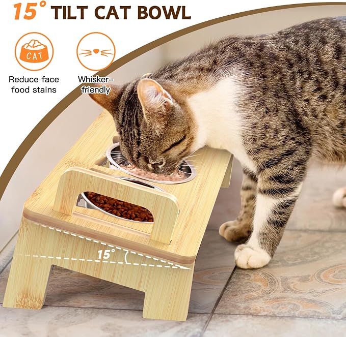 Bamboo Elevated Cat Bowls, 3 Stainless Steel Raised Cat Bowl with Stand, 15°Tilted Cat Feeding Station, Cat Food and Water Bowl Set for Small Cats, Anti Vomitting, Whisker Fatigue (Natural)