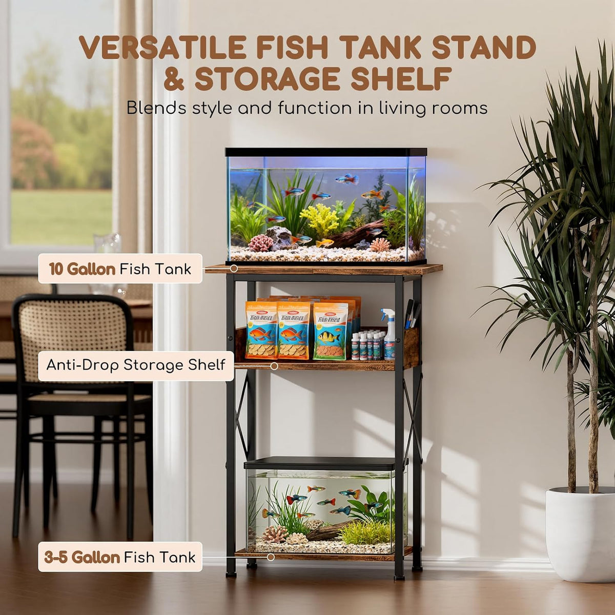 5-10 Gallon Fish Tank Stand with Storage Shelves, 3-Tier Aquarium Stand with Rust-Proof Metal Frame, Heavy Duty Waterproof Reptile Turtle Tank Stand for Home Office Up to 150LBS, 21.5" L x 11.5" W x 30" H, Rustic Brown