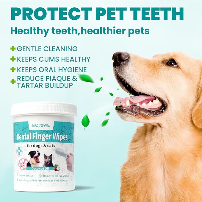 MEDUWEDU Dental Care Finger Wipes 60 Counts,Teeth Cleaning Finger Wipes for Dogs & Cats,Reduces Plaque & Supports Oral Freshness, Coconut Scent