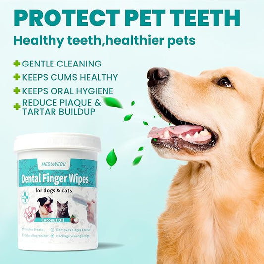 MEDUWEDU Dental Care Finger Wipes 60 Counts,Teeth Cleaning Finger Wipes for Dogs & Cats,Reduces Plaque & Supports Oral Freshness, Coconut Scent