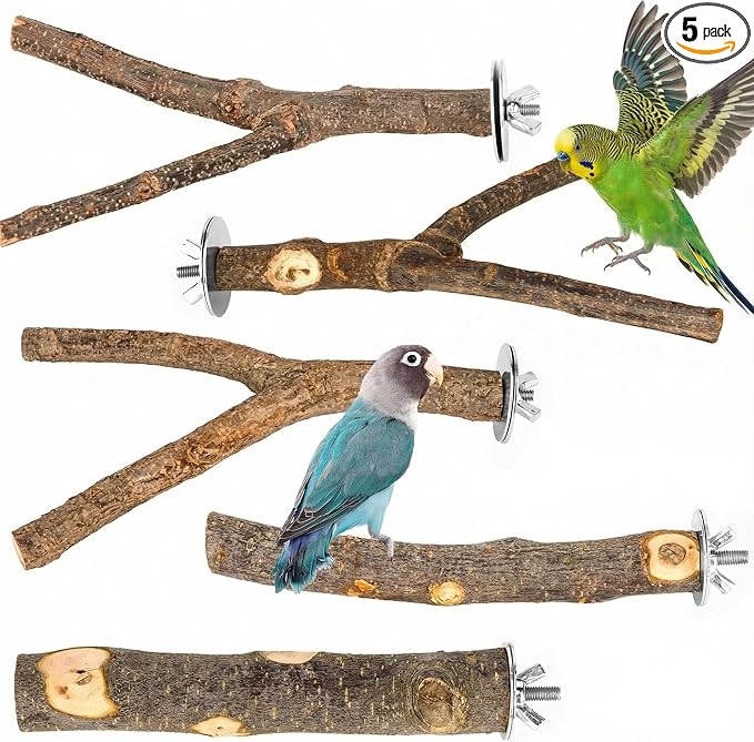 5 Pcs Natural Wood Bird Perch Stand Set for Bird Cages