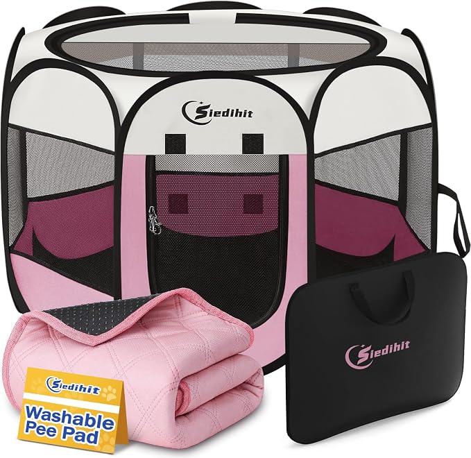 Siedihit Dog Pet Playpen Tent Crate Cage with Washable Pee Pad, Large Pink