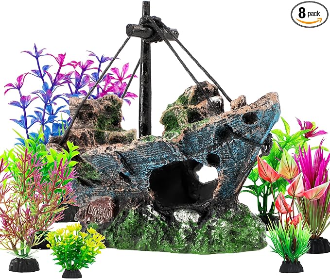 8Pcs Fish Tank Decorations Set Sunken Ship Decoration,Resin Material Fish Tank Accessories Accessories for Natural Look, Aquarium Shipwreck x 1pc, Aquatic Plants x 7pcs