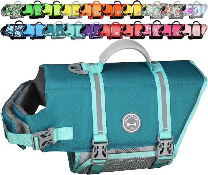 VIVAGLORY Dog Life Vest Rip Stop Dog Swim Vest, XS, Turquoise