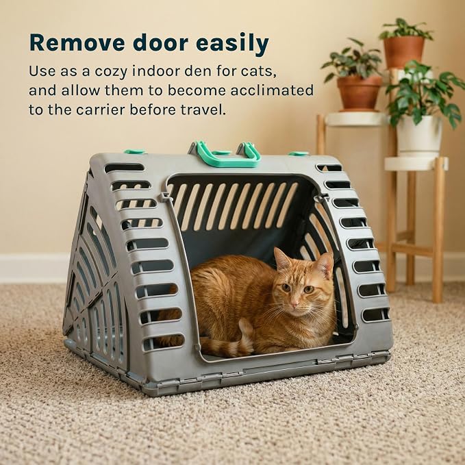 SportPet LARGE Hard-Sided Travel Cat Carrier - Cat Carrier with Patented Wide Side-Opening Door, Foldable Portable Pet Carrier with Removable Bed for Cats & Small Pets up to 25lbs - Gray/Tan