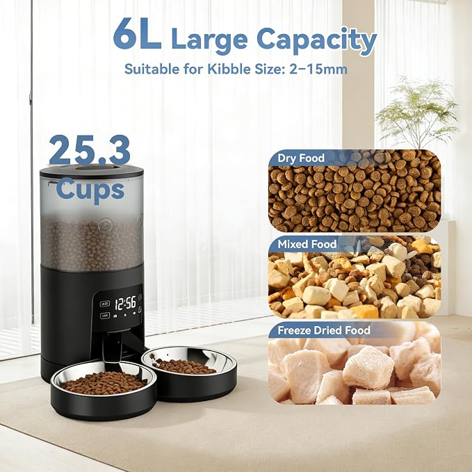 Sweetcrispy Automatic Cat Feeder for 2 Cats, 6L Automatic Pet Feeder
