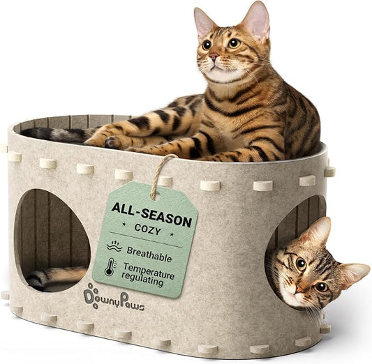 DownyPaws Cat House for Indoor Cats, Peekaboo Cat Bed Cave, Cream
