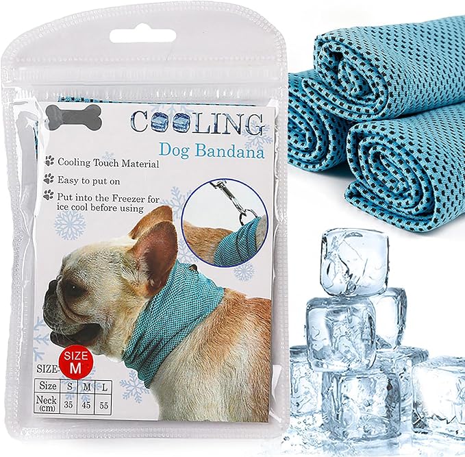 Dog Cooling Bandana Collar, Dog Bandanas Ice Instant Cooling Pet Bandana Scarf Collar Small Medium Dogs, Breathable Ice Towels Bulldog Cats Ice Collar Summer Cooling Towel Neck Wrap Leash Hole Blue