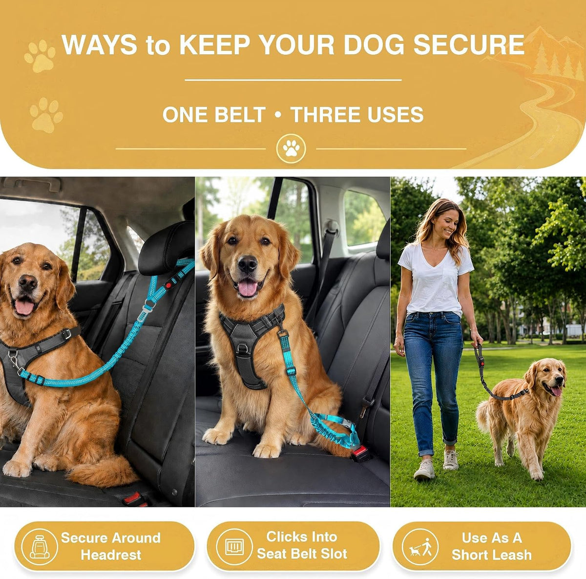 Dog Seat Belt for Car 2 Pack, 3-in-1 Adjustable-Length Bungee Tether