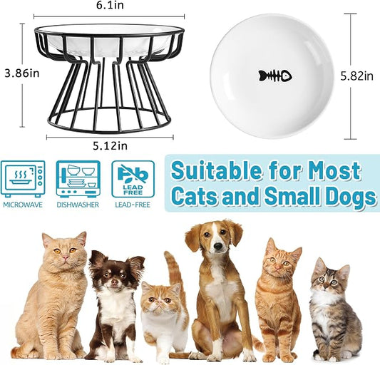 Cat Bowls, Elevated Cat Bowl, Raised Ceramic Dish with Metal Stand, Pet Water or Food Feeding Station for Indoor Cats, Kitten, Puppies and Small Dogs, Dishwasher Safe