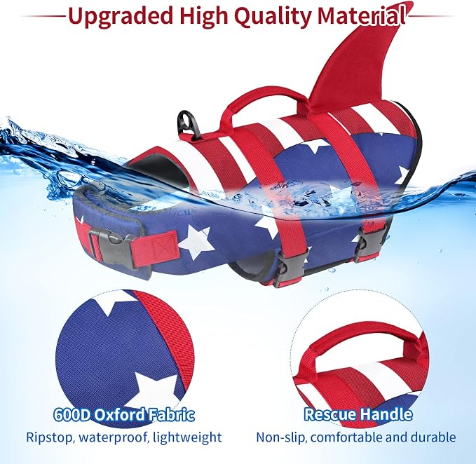 Malier Dog Life Jacket, Ripstop American Flag Dog Life Vest for Swimming Boating, Shark Puppy Lifesaver with High Buoyancy Swimsuit for Small Medium and Large Dogs (X-Small)