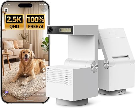 Genie S 2.5K Pet/Dog Camera with Speaker, No Subscription Required, Built-in 64GB Storage, Local Storage, 2-Way Audio, Motion Detection, Privacy Mode, AI Tracking, Pan&Tilt, Alexa & Google Assistant