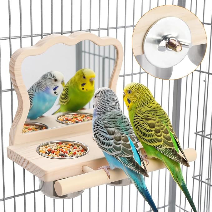 Wooden Bird Perch Toy with Mirror & Stainless Steel Bowl, Cage Accessory