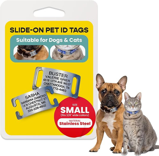 LuckyPet Slide-On Pet ID Tags - Dog Tags Personalized - Durable Engraved Stainless Steel Pet Name Tags - Noiseless Dog Tag - Suitable for Dogs and Cats - Fits 3/8 inch Collars - Small, Open Ends