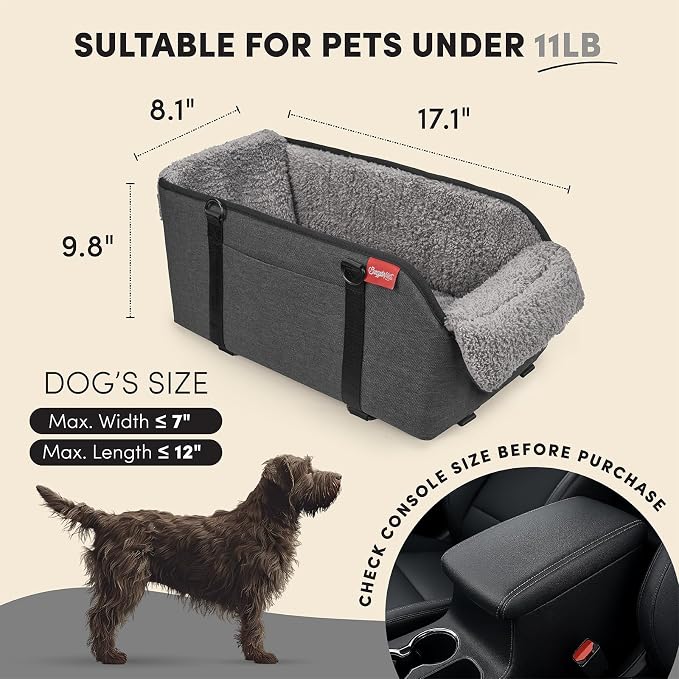 BurgeonNest Center Console Dog Car Seat for Small Pets to 11lbs, Grey