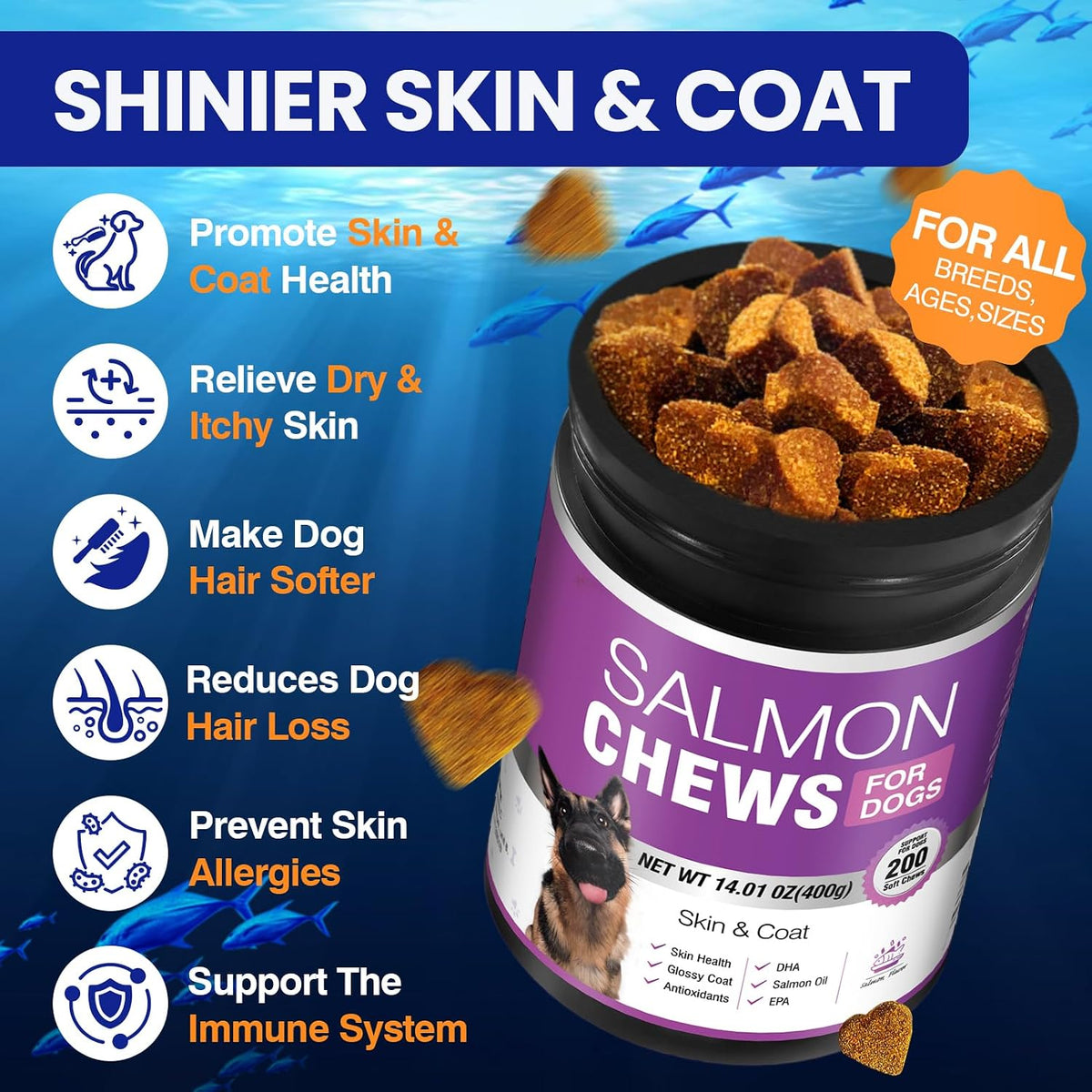 Omega 3 Skin and Coat Supplement for Dogs 200 Chews Dog Fish Oil Supplements with EPA & DHA Fatty Acids Dry Skin Relief for Dogs Shedding Allergy Itching Promotes Heart Hip Joint Health