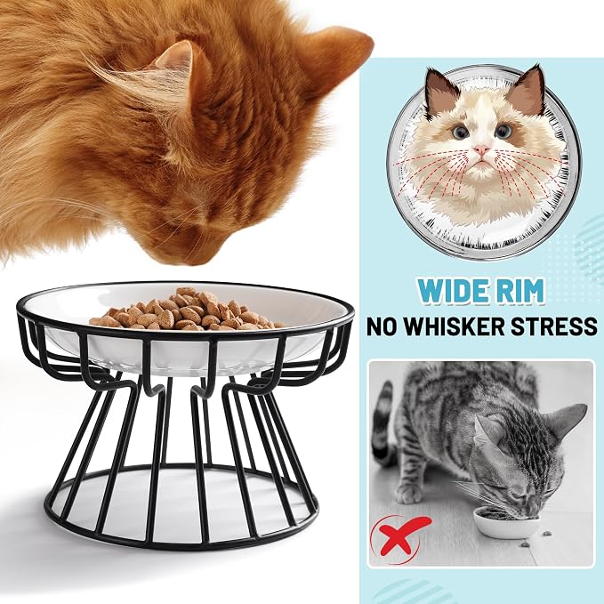 Cat Bowls, Elevated Cat Bowl, Raised Ceramic Dish with Metal Stand, Pet Water or Food Feeding Station for Indoor Cats, Kitten, Puppies and Small Dogs, Dishwasher Safe