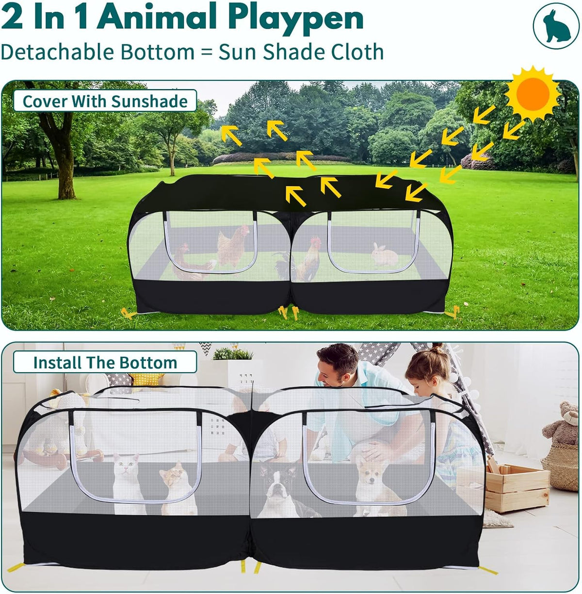 Small Animals Playpen,Pet Cage Tent Large Chicken Run Coop with Detachable Bottom Breathable Transparent Mesh Walls, Foldable Pet Enclosure for Puppy Kitten Rabbits Indoor Outdoor Playpen