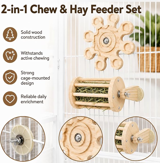 Chinchilla Chew Toys 2‑in‑1 Set Rotating Wooden Spinning Bunny Hay Feeder