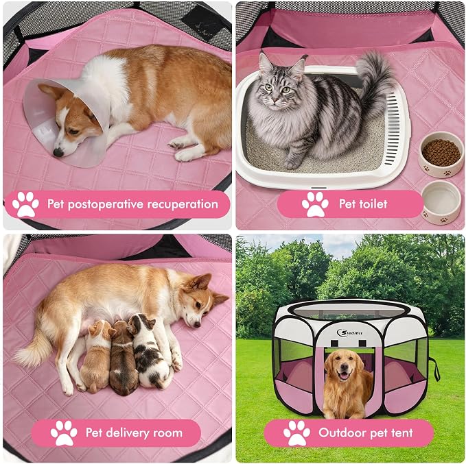 Siedihit Dog Pet Playpen Tent Crate Cage with Washable Pee Pad, Large Pink