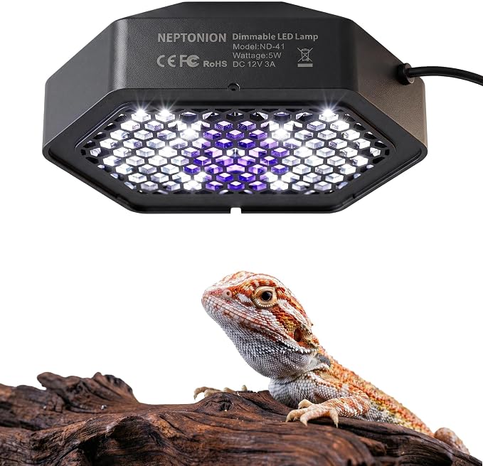 LED UVB Reptile Lamp, Adjustable LED Terrarium Light with 3 Modes, 5 Brightness Levels, 4/8/12H Daily Cycle Timer, Long-Life for Small to Medium-Large Reptiles Such as Bearded Dragons