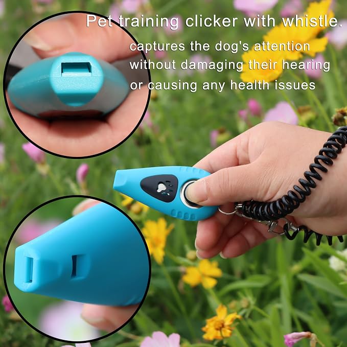 Pet Training Clicker with Whistle and Wrist Strap - Dog Training Clickers Whistles (Black + Blue)