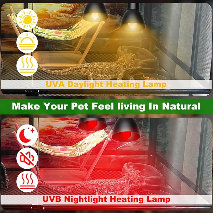Heat Lamp for Reptile,UVA UVB Light for Turtle,Bearded Dragon Basking Light Bulbs,Dimmable 360°Gooseneck UV Heating Lamp W/ G9 Mini Halogen Bulbs 60W (White*2，Red*2) for Tortoise/Snake/Lizard