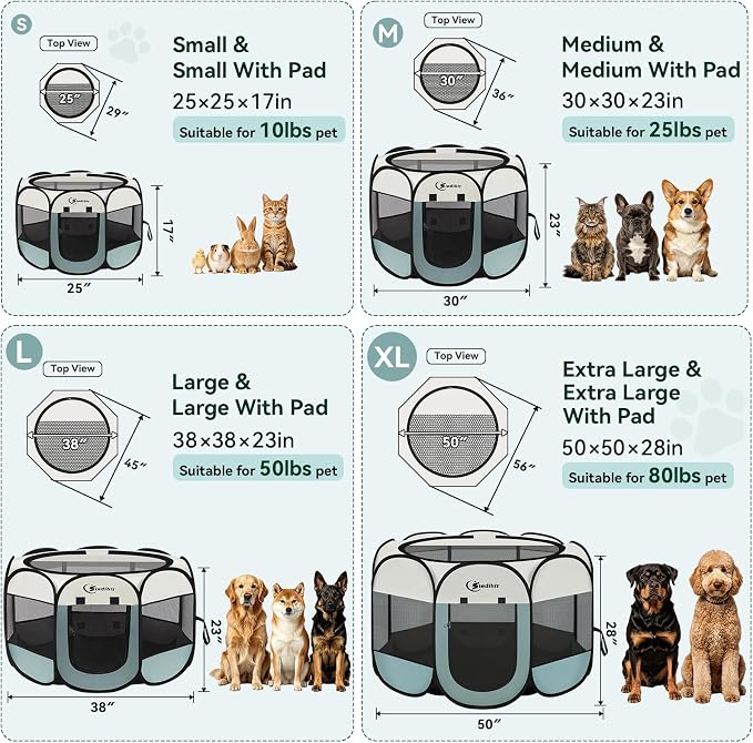 Siedihit Dog Cat Playpen, Puppy Pet Playpen Indoor for Small Dog Crate Tent Cage Outdoor, Portable Pop Up Dogs Enclosure Kennel with Carrying Case for Dogs/Cats/Rabbits(Grey, Small
