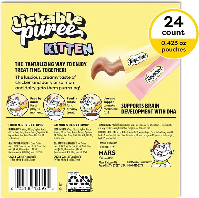 Temptations Lickable Puree Kitten Cat Treats, Chicken & Salmon, 24 Count