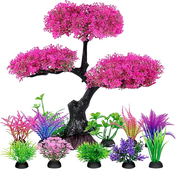 Ameliade Pink Artificial Plastic Tree Aquarium Plants Decor Set, 11PCS