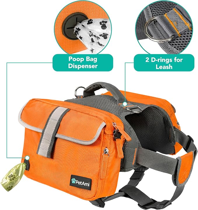 PetAmi Dog Backpack for Medium Large Dogs, Hiking Saddle Bag, Orange