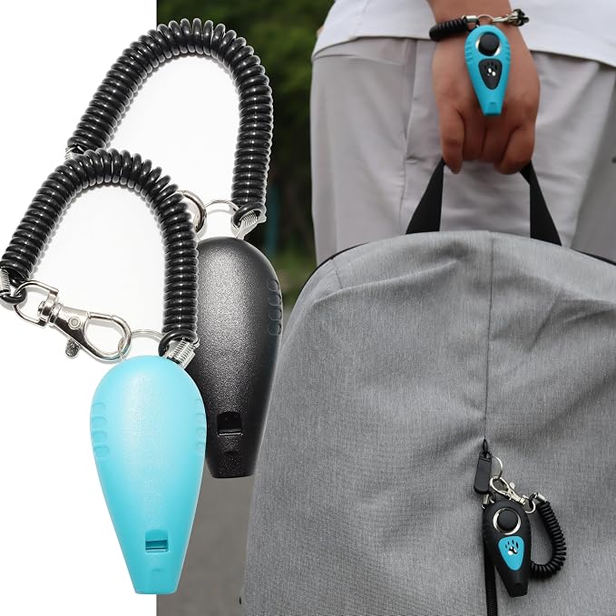 Pet Training Clicker with Whistle and Wrist Strap - Dog Training Clickers Whistles (Black + Blue)