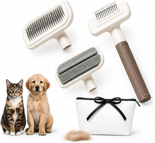 3-in-1 Self Cleaning Slicker Brush with Deshedding Comb & Pet Hair Remover, Cat & Dog Grooming Brush for Shedding, Gentle Grooming Tool for Long & Short Hair