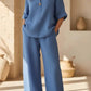 Womens Solid Color V-Neck Three-Quarter Sleeve Pants Casual Set