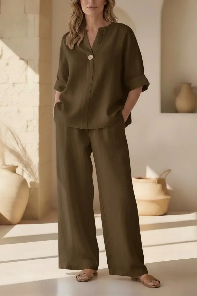 Womens Solid Color V-Neck Three-Quarter Sleeve Pants Casual Set
