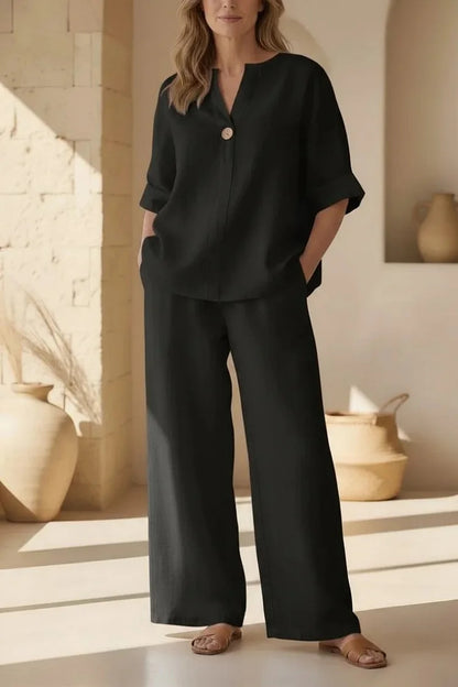 Womens Solid Color V-Neck Three-Quarter Sleeve Pants Casual Set